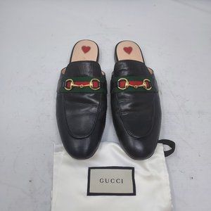 Gucci Princetown Leather Black GG Web Mule Slip on Shoe